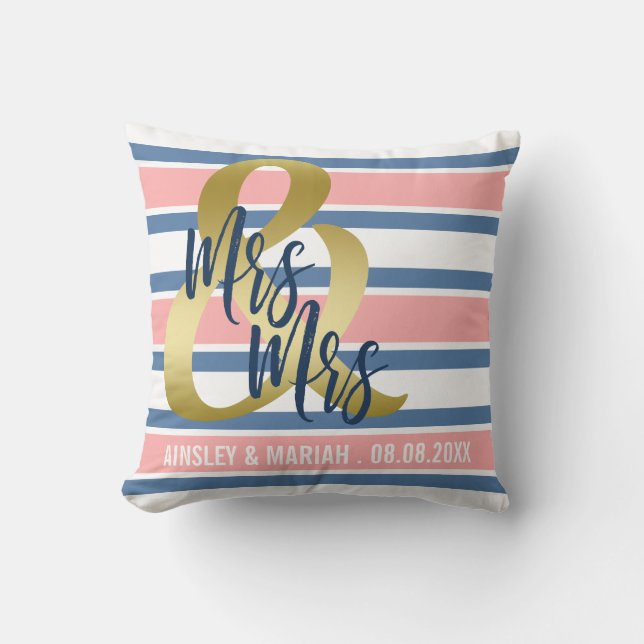 Coral Pink Blue & Gold | Mrs & Mrs Custom Names Cushion (Front)
