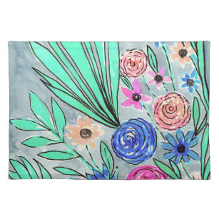 Coral Pink Blue Green Watercolor Flower Art Placemat