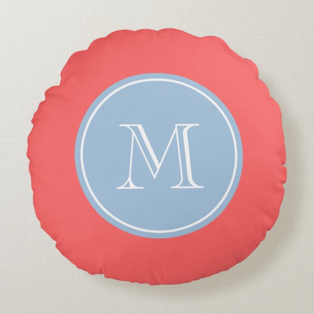 Coral pink blue personalised monogram round pillow (Front)
