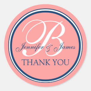 Coral Pink Blue Thank You Stickers for Weddings