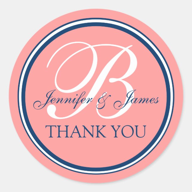 Coral Pink Blue Thank You Stickers for Weddings (Front)