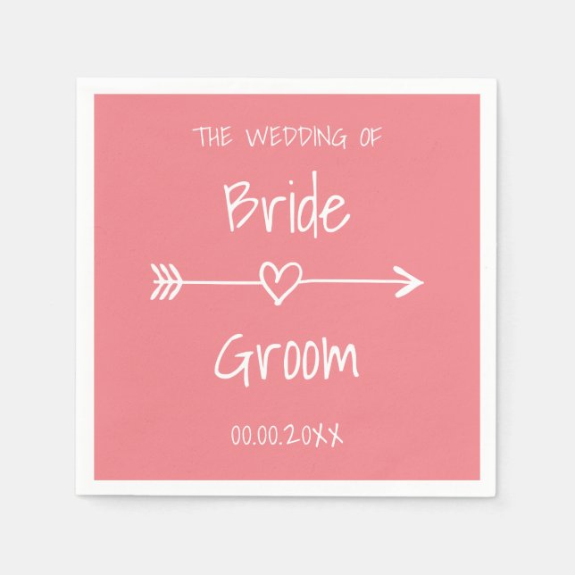 Coral pink bohemian style paper wedding napkins (Front)