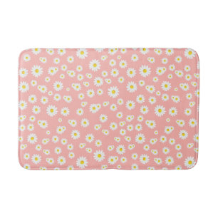 Coral Pink Boho Spring Daisies Pattern Bath Mat