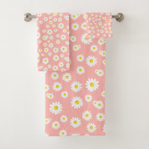 Coral Pink Boho Spring Daisies Pattern Bath Towel Set