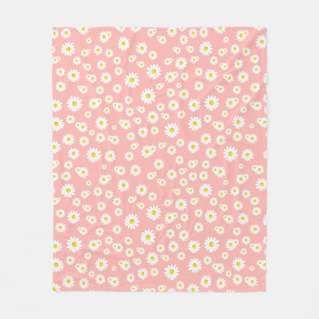 Coral Pink Boho Spring Daisies Pattern Fleece Blanket (Front)