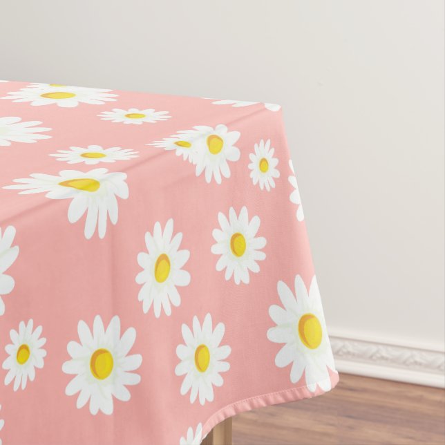 Coral Pink Boho Spring Daisies Pattern Tablecloth (In Situ)