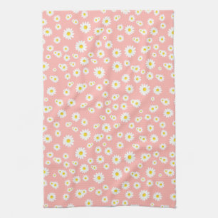 Coral Pink Boho Spring Daisies Pattern Tea Towel