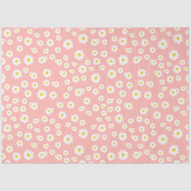 Coral Pink Boho Spring Daisies Pattern Tissue Paper (Front)