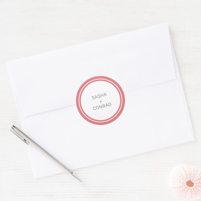 Coral Pink Bold Border Modern Wedding Classic Round Sticker (Envelope)