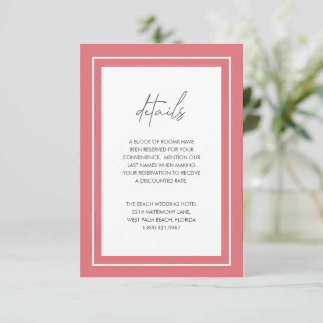 Coral Pink Bold Border Modern Wedding Enclosure Card (Standing Front)