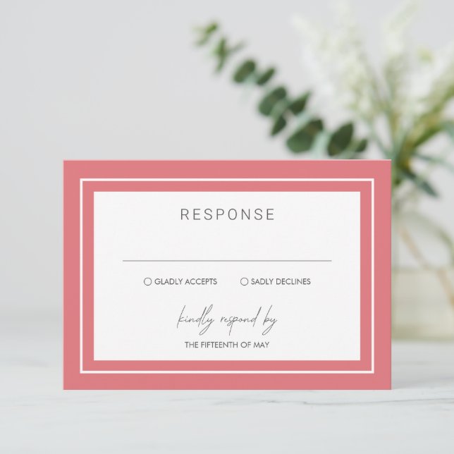 Coral Pink Bold Border Modern Wedding RSVP Card (Standing Front)