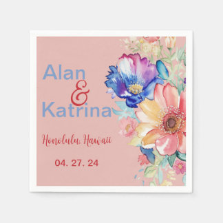 Coral Pink Bold Wildflower Floral Wedding Napkin