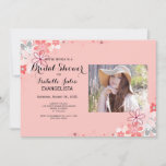 Coral Pink BRIDAL SHOWER with PHOTO Invitation<br><div class="desc">An elegant coral pink BRIDAL SHOWER with PHOTO invitation for your bridal shower event celebration. All text is set using popular typography in black colour on a soft coral pink with floral background. Replace the sample photo.</div>