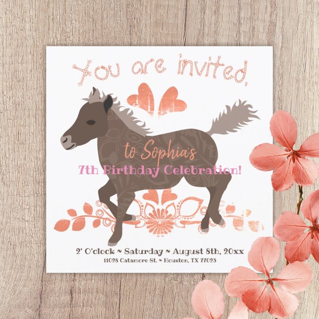 Coral, Pink, Brown Pony Birthday Party Invitation (brown peach galloping pony girls birthday party invitation ponies themed party invite pink hearts)