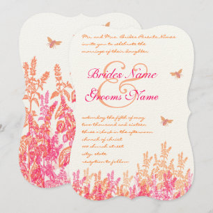 Coral Pink Bumblebee Wildflower Wedding Invitation