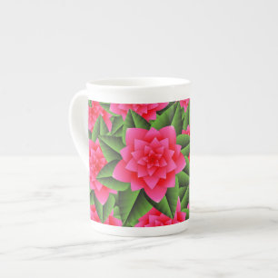 Coral Pink Camellias and Green Leaves Bone China Mug
