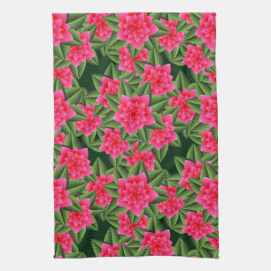 Coral Pink Camellias and Green Leaves Tea Towel
