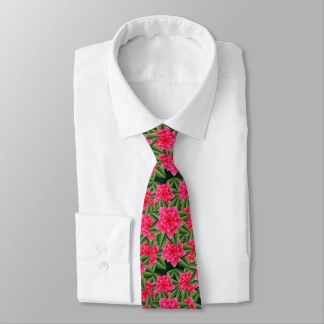 Coral Pink Camellias and Green Leaves Tie (Tied)