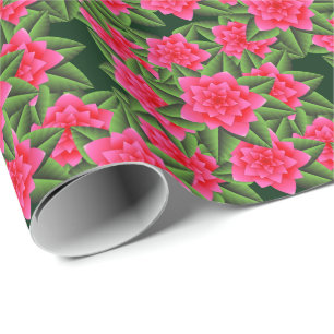 Coral Pink Camellias and Green Leaves Wrapping Paper