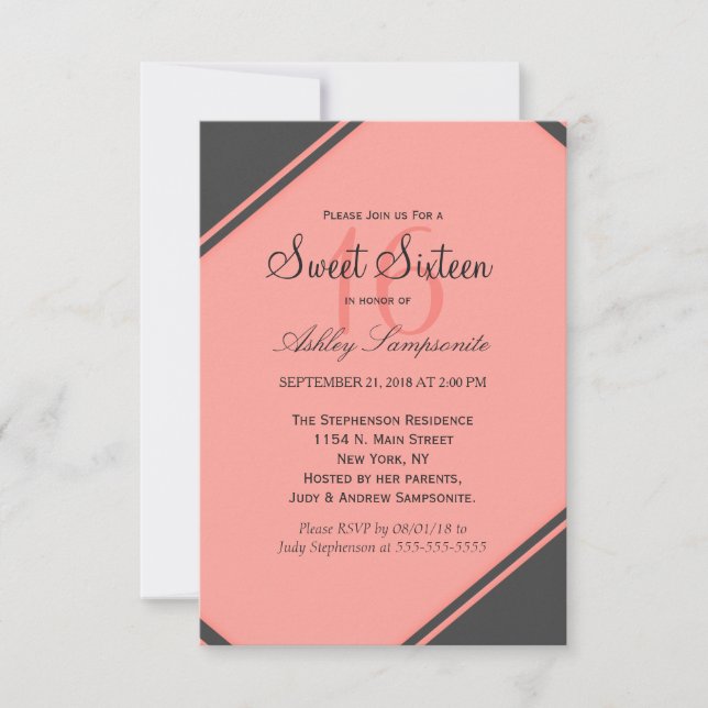 Coral Pink & Charcoal Grey Diagonal Cuts Invitation (Front)