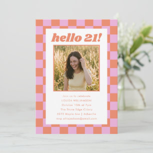 Coral Pink Chequered Photo Hello 21 Birthday Party Invitation