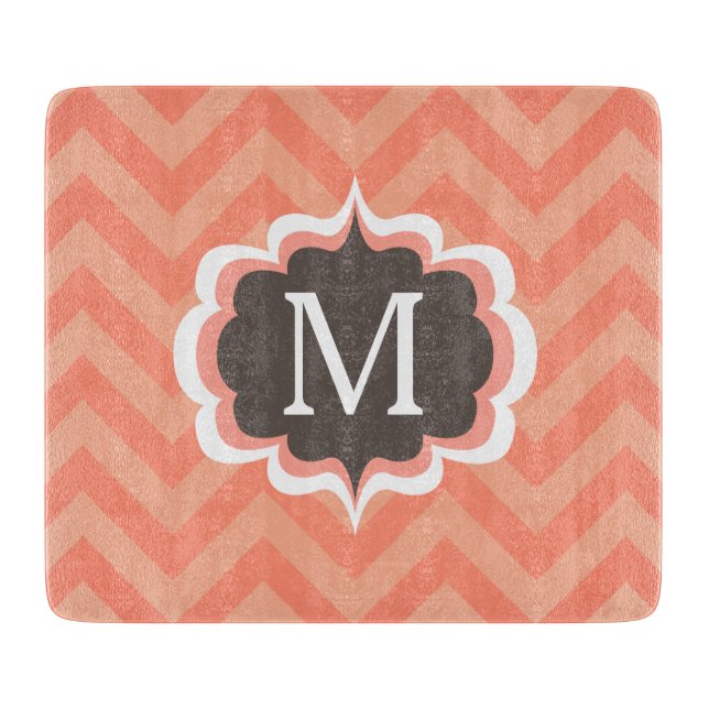 Coral Pink Chevron Pattern Custom Monogram Cutting Board (Front)