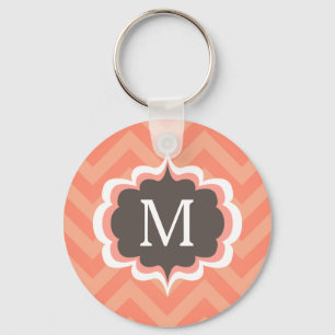 Coral Pink Chevron Pattern Custom Monogram Key Ring