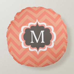 Coral Pink Chevron Pattern Custom Monogram Round Cushion