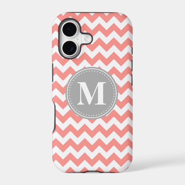 Coral Pink Chevron Pattern Grey Monogram (Back)