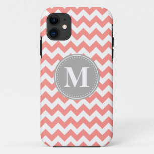 Coral Pink Chevron Pattern Grey Monogram iPhone 11 Case