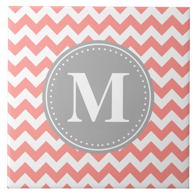 Coral Pink Chevron Zigzag Grey Monogram Tile (Front)