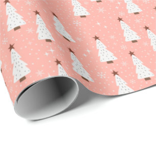 Coral Pink Christmas Festive Trees Boho Trendy  Wrapping Paper
