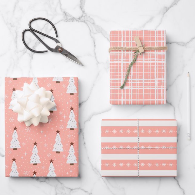 Coral Pink Christmas Festive Trees Boho Trendy Wrapping Paper Sheet (Front)