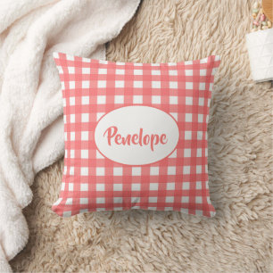 Coral Pink Classy Gingham Pattern with Name Cushion