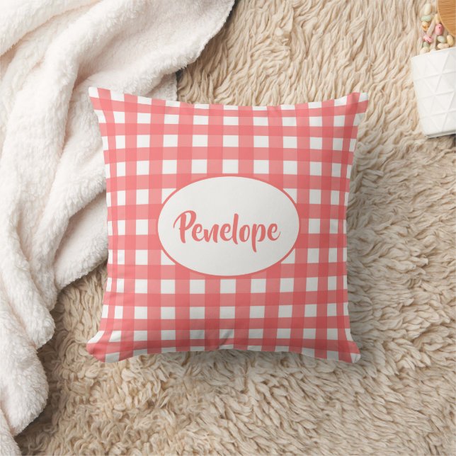 Coral Pink Classy Gingham Pattern with Name Cushion (Blanket)