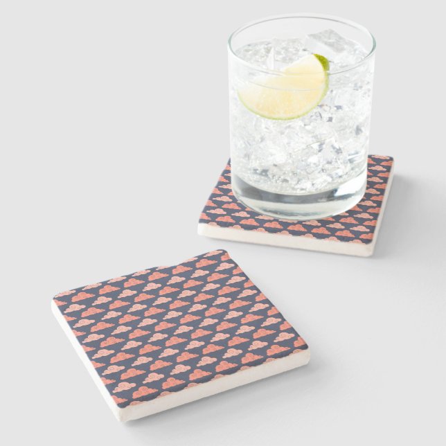 Coral Pink Clouds Lines Navy Blue Lined Geometric Stone Coaster (Side)