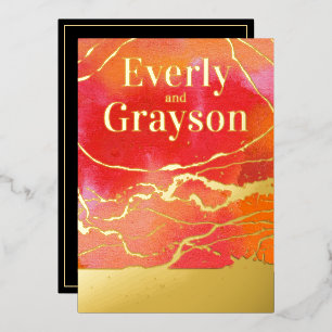 Coral Pink Coral Galaxy Marble Gold Wedding     