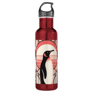 Coral Pink Cream Penguin In Art Deco Geometrical 710 Ml Water Bottle