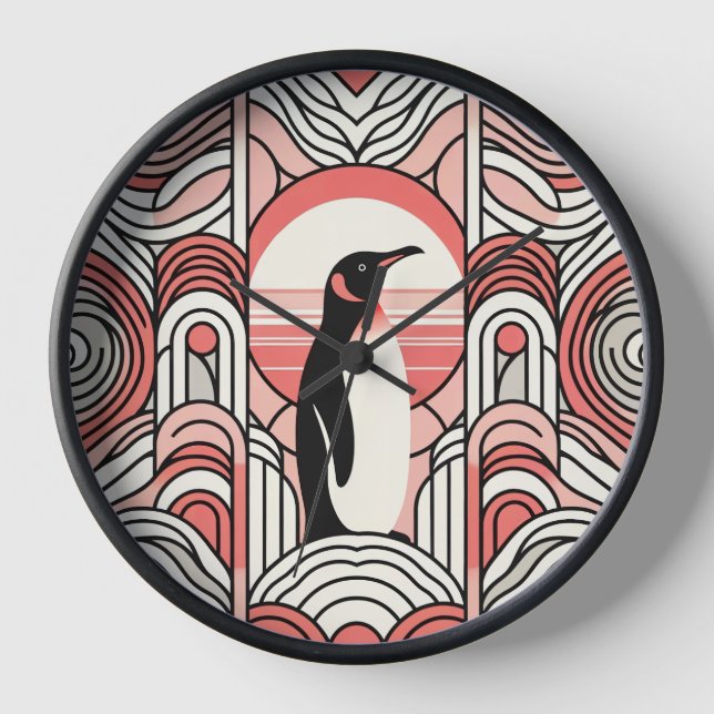 Coral Pink Cream Penguin In Art Deco Geometrical Clock (Front)