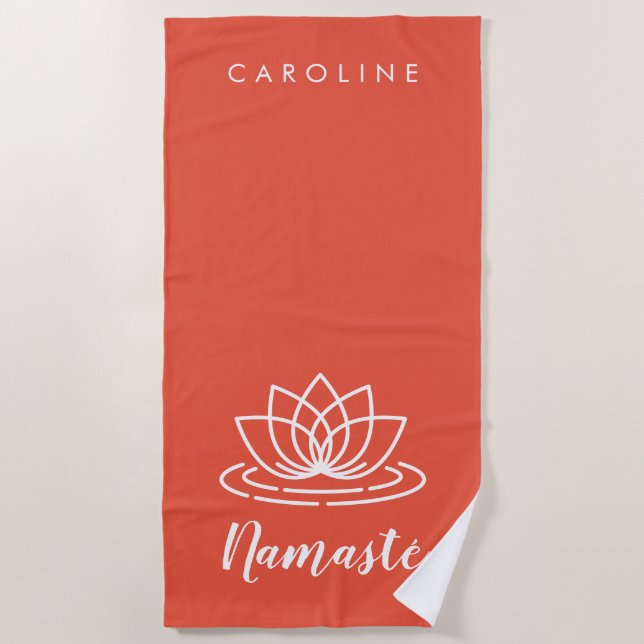 Coral pink custom name Namaste lotus flower Beach Towel (Front)