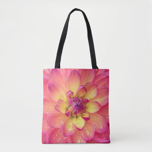 Coral pink dahlia flower tote bag (Front)