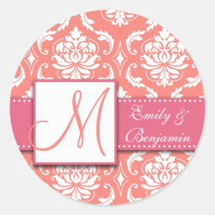 Coral Pink Damask Wedding Favour Sticker Pink