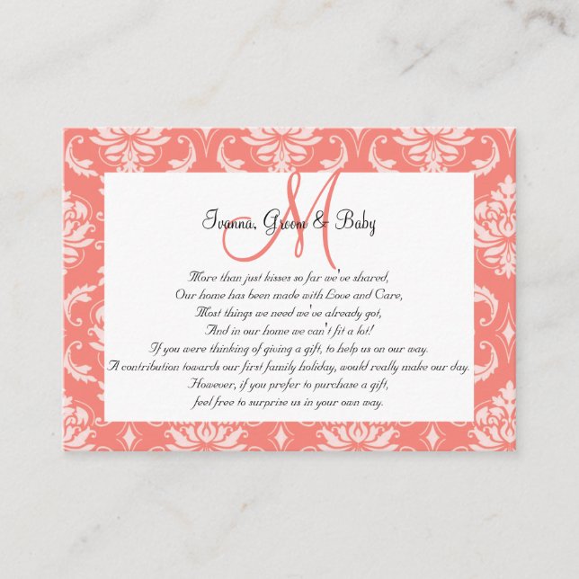 Coral Pink Damask Wedding Wishing Well Cards (Front)