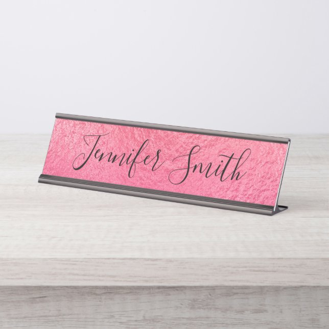 Coral Pink Faux Foil Texture Modern Calligraphy Desk Name Plate (Front)