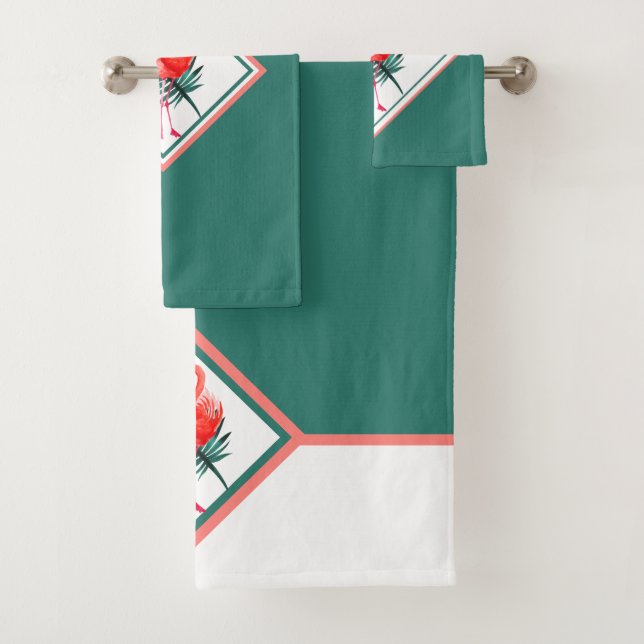 Coral Pink Flamingo on Tropical Green Bath Towel Set (Insitu)