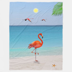 Coral Pink Flamingo & Palm Leaf on the Beach Fleece Blanket