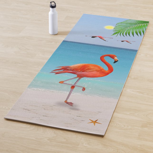 Coral Pink Flamingo & Palm Leaf on the Beach Yoga Mat (In Situ)