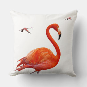 Coral Pink Flamingos on White Cushion