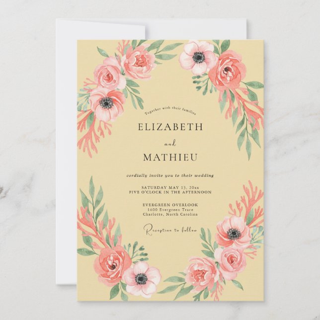 Coral Pink Floral Arch Wedding Invitation (Front)