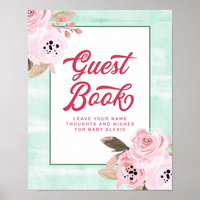 Coral Pink Floral Baby Shower Guest Book Sign (Front)